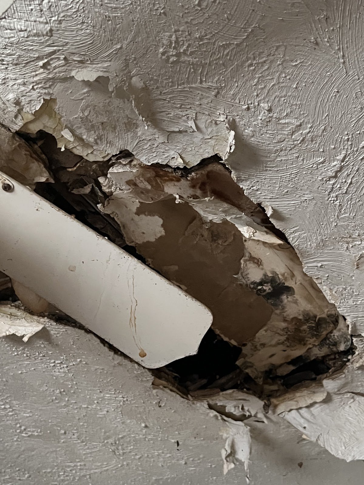 Peeling and broken ceiling drywall after water damage